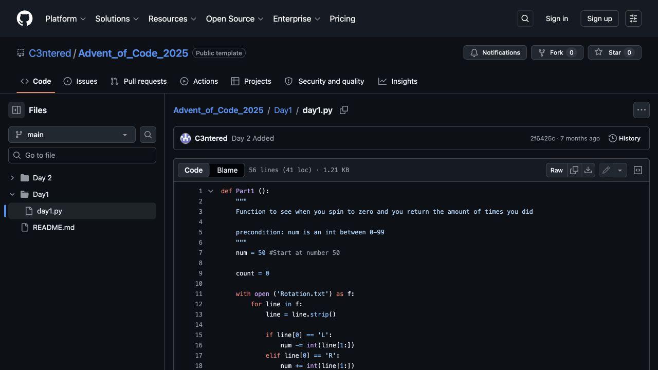 GitHub code view of a Python solution in the Advent of Code 2025 repository