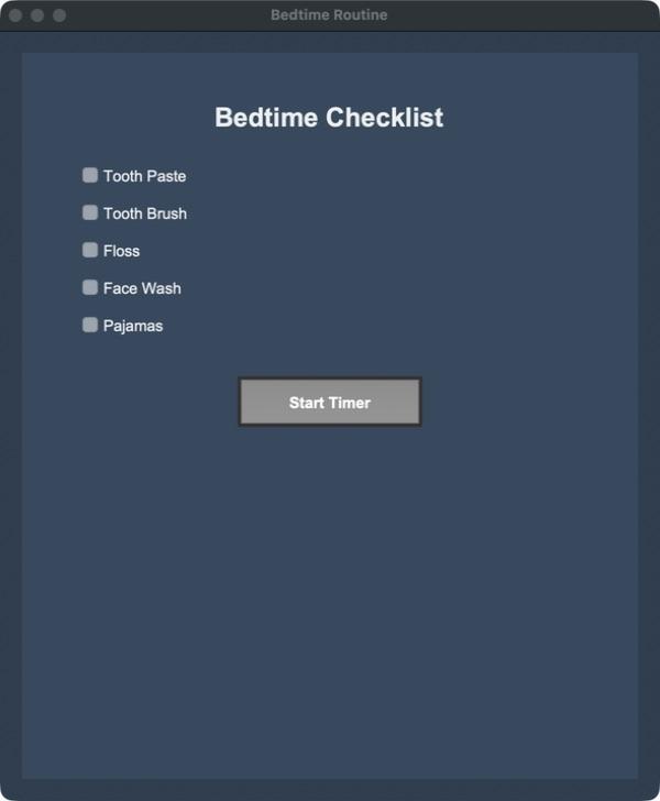 Bedtime App desktop window with a five-item bedtime checklist