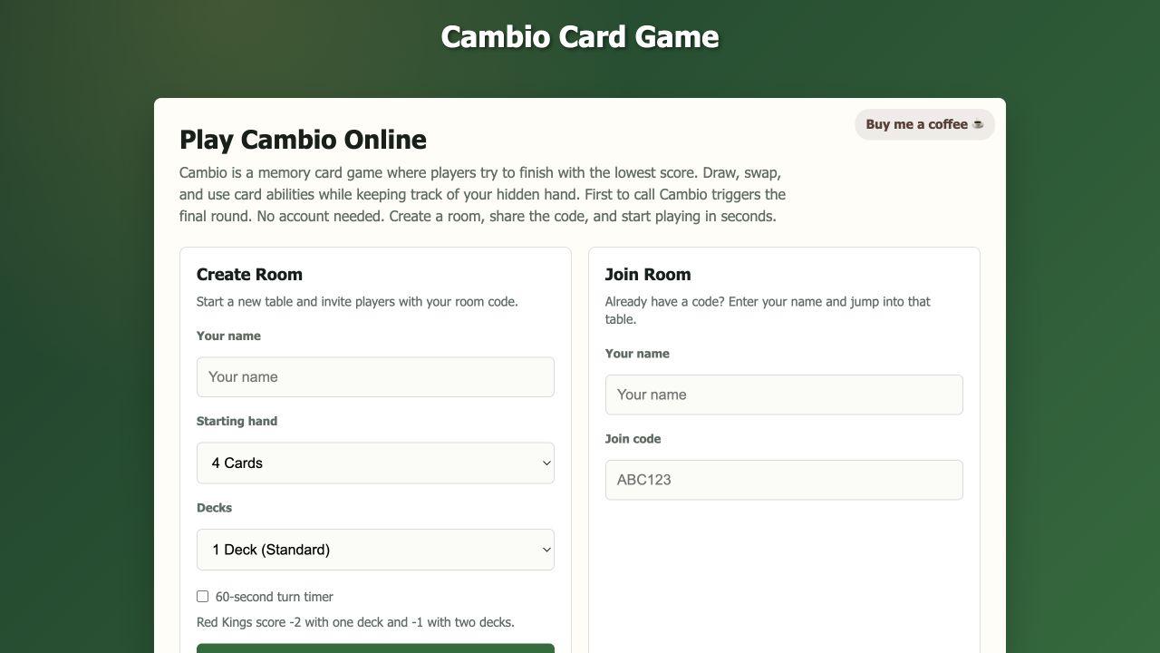 Cambio Card Game lobby with create-room and join-room panels