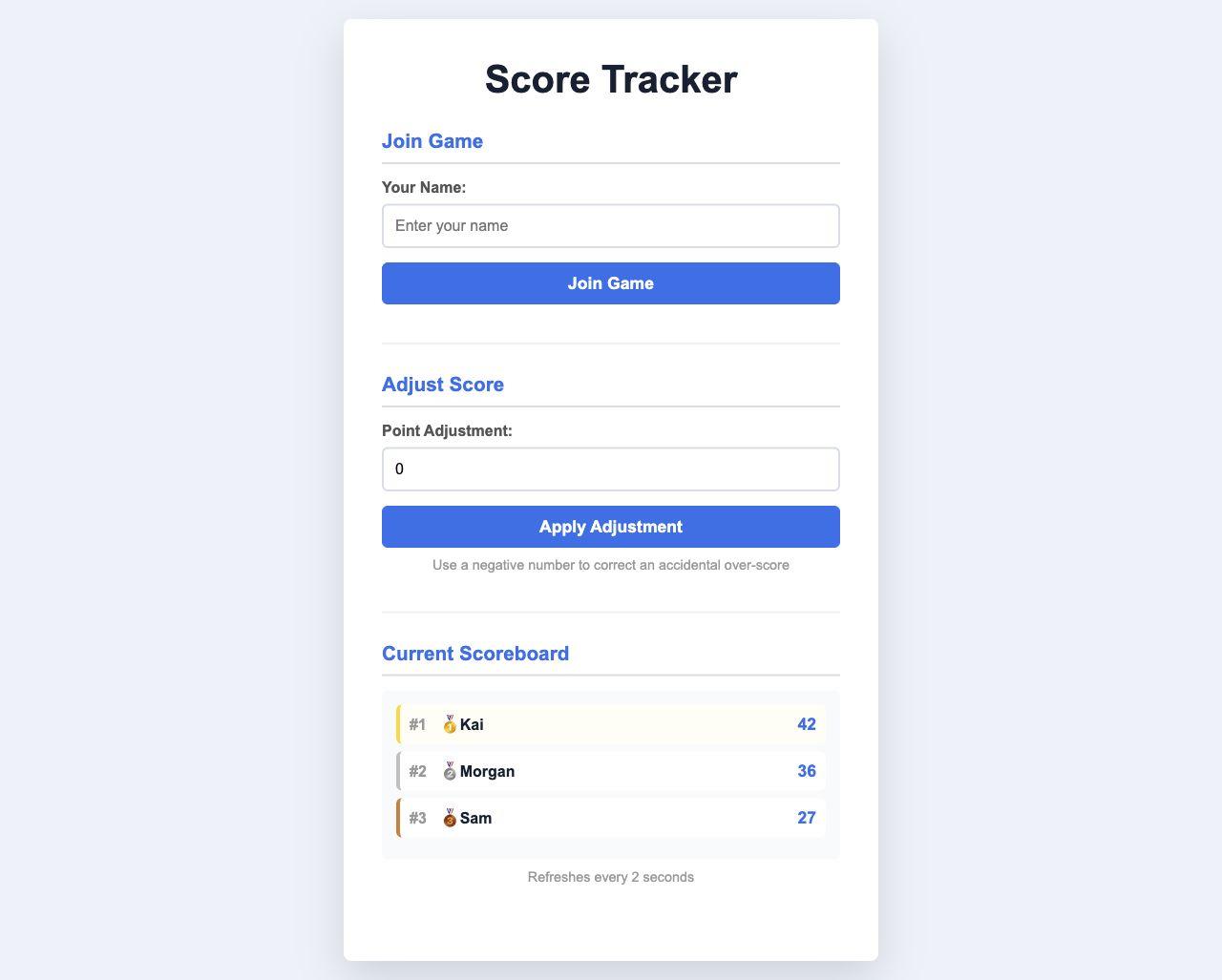 Score Tracker interface with three players ranked on a live leaderboard